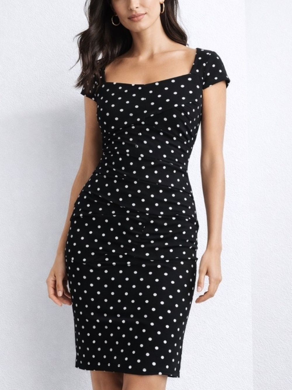 WHBM Black w/ White Polka Dot Prints Tiered Instantly Slimming Sheath Dress 6